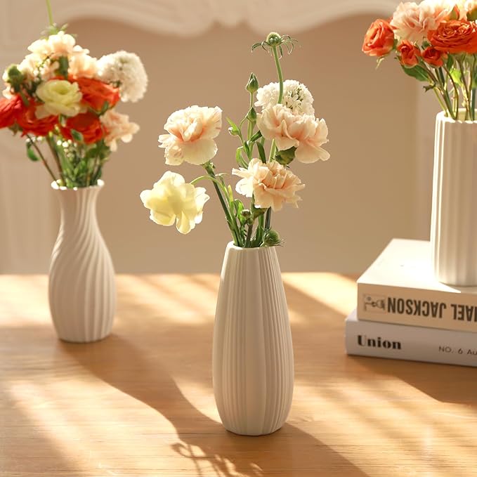 6 Pack Ceramic Bud Vases Set | 7" Roman Column-Inspired White Ceramic Vases with Textured Finish | Boho Modern Mini Vases for Home Decor, Fresh/Dried Flowers Centerpiece, Living Room Table Ornament