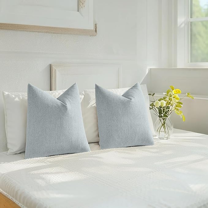 HAUSSY Dusty Blue Throw Pillow Covers 22x22 Inch Set of 2,Boho Decorative Faux Linen Throw Pillows Cozy Farmhouse Accent Cushion Covers,Home Decor for Couch Sofa Bed Living Room
