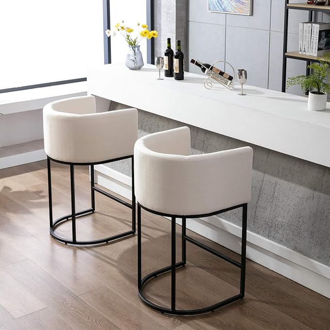 Modern Counter Height Linen Upholstered Bar Stools Set of 2, 29" Kitchen Counter Island Stools Bar Chairs with Black Metal Frame for Kitchen Island, Cream