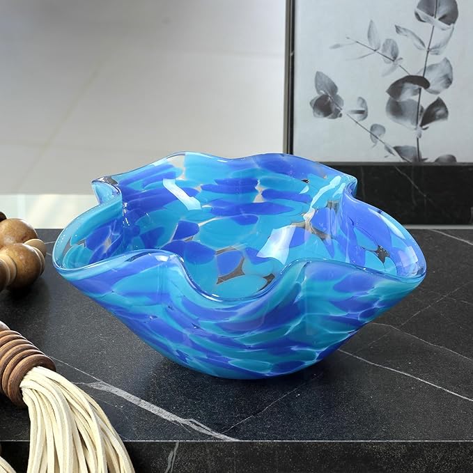 Ca D Oro Murano Style Decorative Blue Glass Bowl Confetti Effect Hand Blown Art Glass Crystal for Home, Room Decoration and Centerpiece - Waved