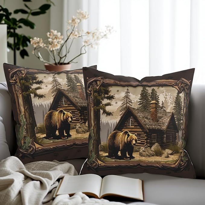 Cabin Pillow Covers 18x18 - Rustic Bear Deer Throw Pillow Covers Set of 2 Wildlife Woodland Pillowcases for Couch Sofa