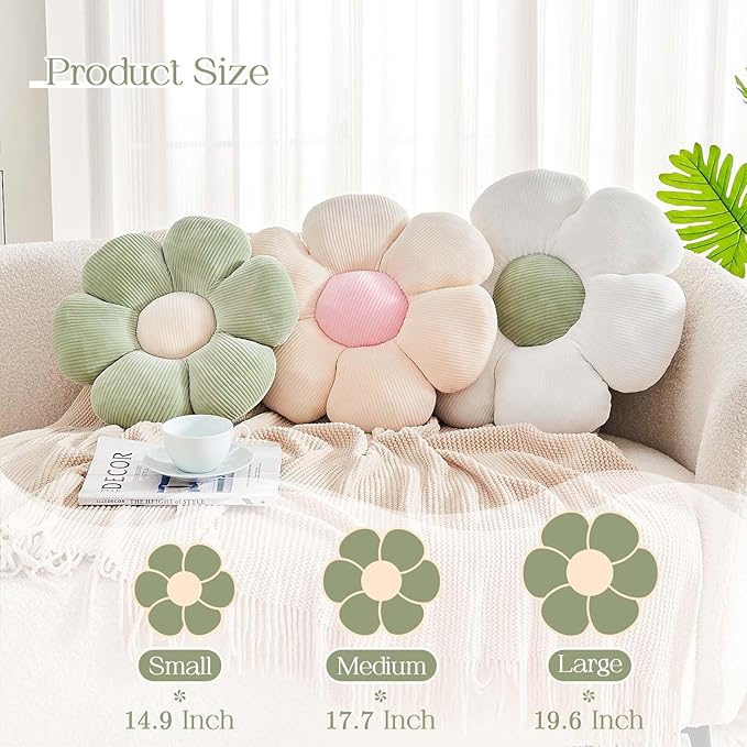 Sage Green Flower Pillow, 19.6" Cute Flower Shaped Floor Pillow, Aesthetic Floral Plush Daisy Decorative Throw Pillows for Bed Sofa Couch