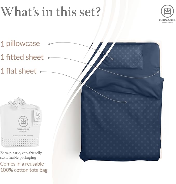 Threadmill Cotton Twin XL Sheet Set | 100% Cotton Sheets for Twin XL Size Bed | Damask Jacquard Sateen Twin XL Bed Sheets Set | 16” Deep Pocket | Soft Breathable 3pc Cooling Sheet Set | Folkstone Blue