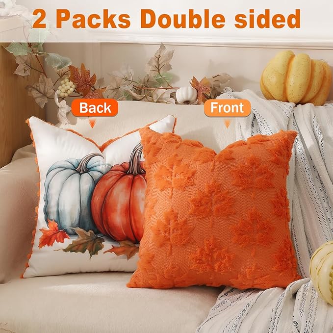 TOYPOPOR Fall Decorations 2 Packs Double Sided Throw Pillow Covers Orange Soft Faux Fur Maple Leaf Pillow Cases Autumn Harvest Thanksgiving Indoor Outdoor Home Decor for Living Room Porch Couch 20x20