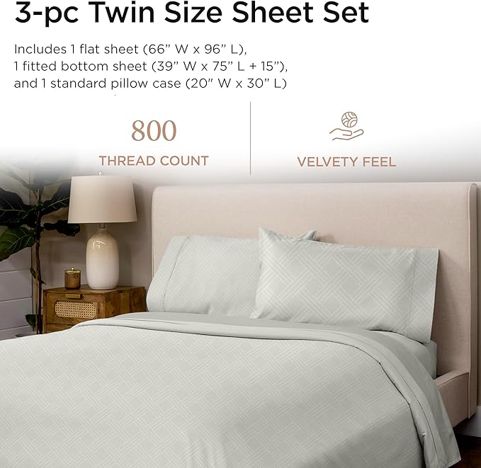 Threadmill Twin Sheets for Twin Mattress | 800 Thread Count Jacquard Celine Light Grey Sheets | 100% Cotton 3 Piece Bed Sheets | Extra Long Staple Cotton | Cotton Sheets with Elasticized Deep Pocket