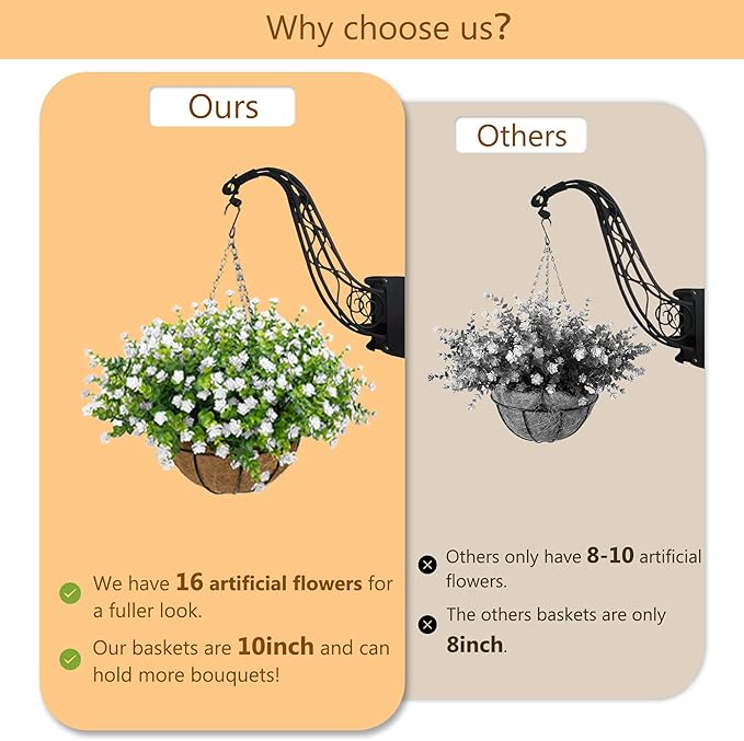 Artificial Hanging Flowers Basket for Outdoor, 16 Fake Flowers Look Real UV Resistant, Faux Hanging Plants for Porch, Balcony, Patio, Garden, Spring Summer Decor,White