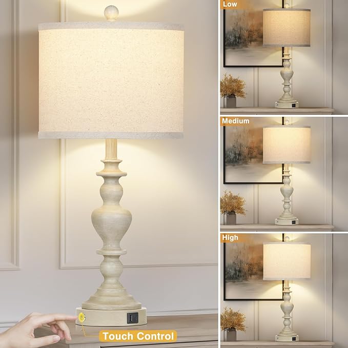 27" Farmhouse Lamps Set of 2 with USB C+A Charging Ports, Vintage Rustic Touch Control Table Lamp for Living Room, 3-Way Dimmable Traditional Nightstand Bedside Lamp for Bedroom Resin Washed Beige