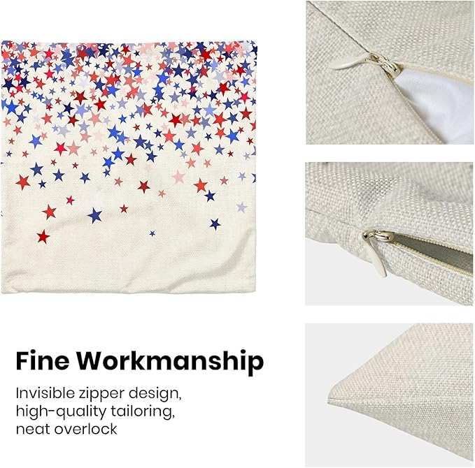 4th of July Pillow Covers 20 x 20 Inch, Red Blue White Patriotic Star Outdoor Decor Throw Pillows for Couch Bed, Independence Day Memorial Day Decorative Pillowcase Linen Cushion Cover Set of 2
