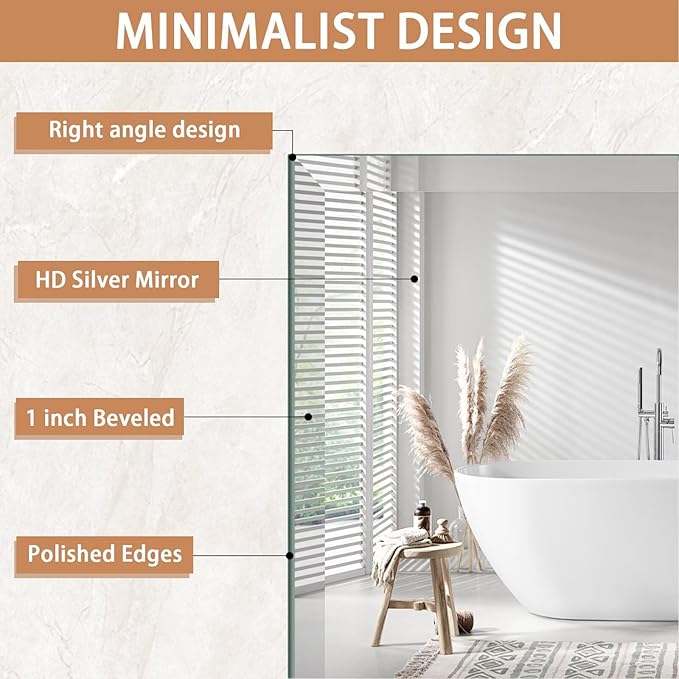 Frameless Mirror for Bathroom Vanity,18x26in Wall Mounted Mirrors for Over Sink Decorative Rectangular Frameless Mirror,With Polished Edge,Hangs Horizontally Or Vertically,Entryways,Room,Shatterproof