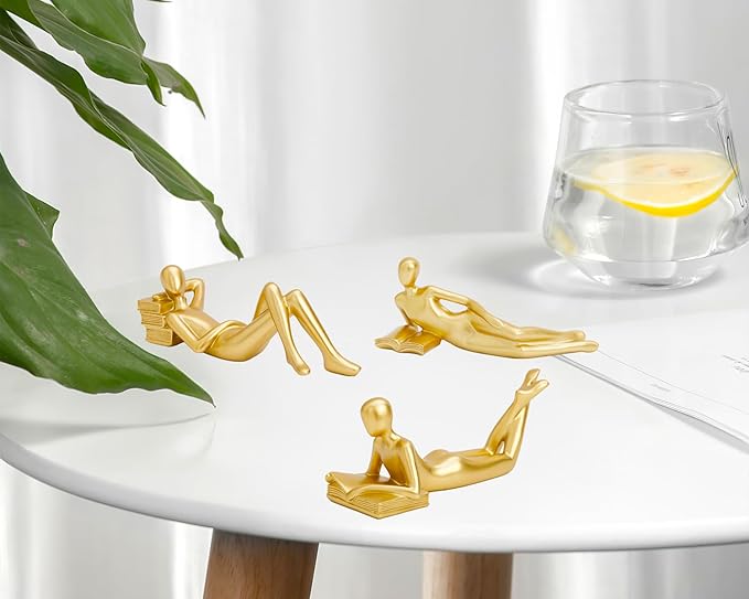 Reading Women Lying Down Figurine Gold Decor, Elegant Addition to Reading Nook, Small Gold Decor Fun Paperweight