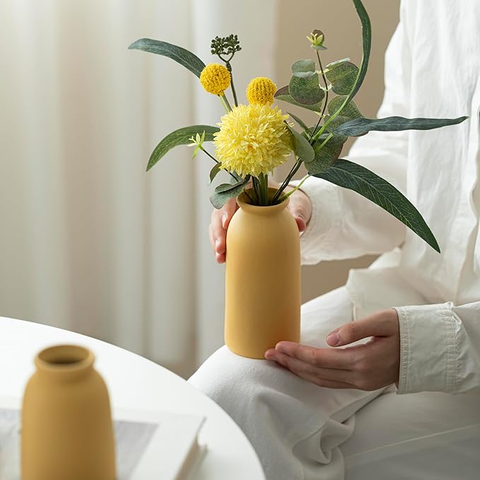 Ceramic Vase Set-3, Small Flower Vases for Decor, Modern Boho Farmhouse Style, Decorative Vases for Pampas Grass & Dried Flowers, Distressed Finish (Yellow)