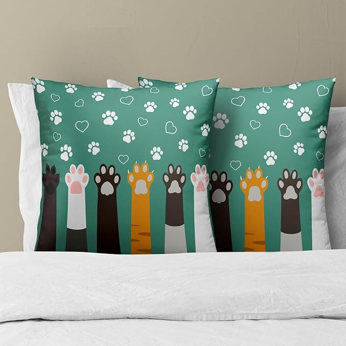 Paw Print Throw Pillow Cover - Colorful Dogs Cat Paws Pillow Covers 16x16 Inches Set of 2 Pillowcases Pet Footprint Cushion Cover for Sofa Home