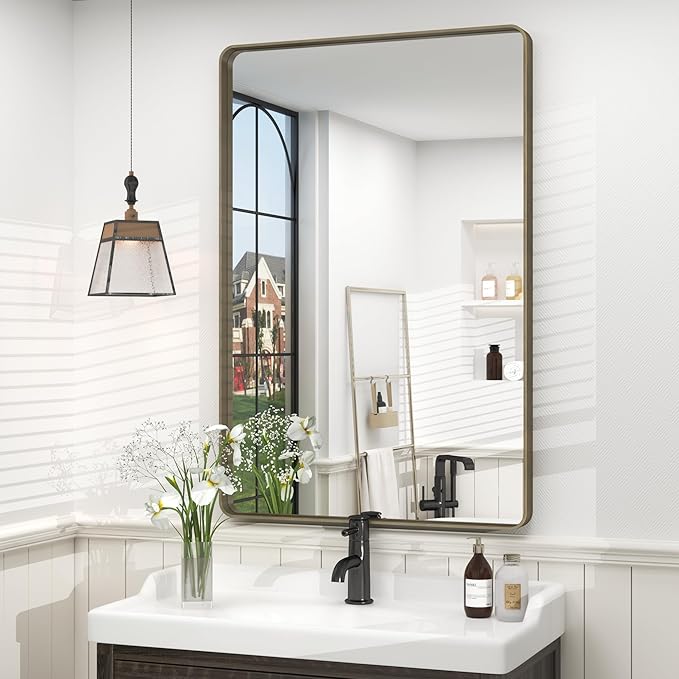 24x36 Bronze Bathroom Mirror, Brushed Metal Bathroom Vanity Mirrors for Wall, Modern Rounded Corner Rectangle Mirror for Farmhouse, Bedroom, Anti-Rust (Horizontal/Vertical)