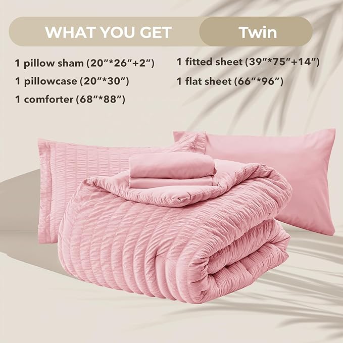 HYMOKEGE Pink Twin Comforter Set Seersucker 5 Pieces, All Season Luxury Bed in a Bag for Bedroom, Bedding Set with Comforters, Sheets, Pillowcase & Sham