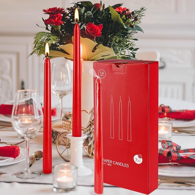 24 Pack Red Taper Candles, 7-8 Hours Burn Time, Unscented, Smokeless and Dripless, 0.75 x 10 Inch Dinner Candle Set for Christmas,Household, Wedding, Party and Home Décor Candlesticks