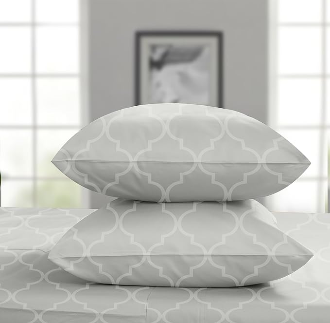 Threadmill 100% Cotton Sheets for King Size Bed | 4 Pc King Bed Sheets Set | Soft, Breathable Lightweight Damask Sateen for All-Season Use | Snug Fit Elastic Deep Pocket King Sheets | Light Grey