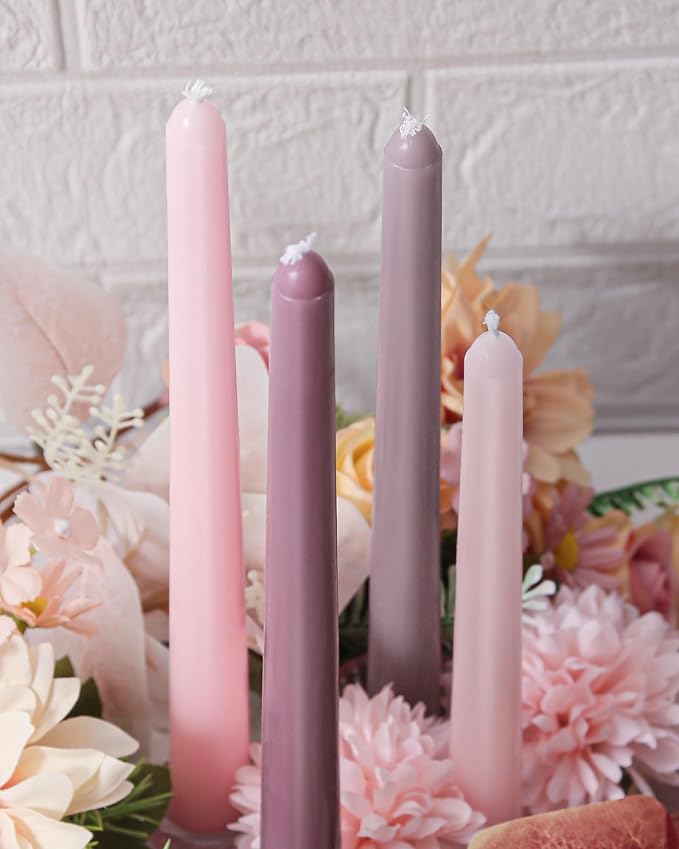 Viyffo Taper Candles 10 Inch Pink with a Purple Hue Set of 4 Unscented, Dripless, Smokeless Long Tall Tapered Candlesticks Wedding Home Decor Dinner Natural Color Series