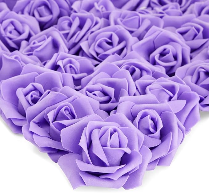 Juvale 100-Pack Purple Faux Flowers for Wedding Decor - 3-in Stemless Artificial Roses - Reusable Plastic Heads for Centerpiece Table Decorations & Crafts