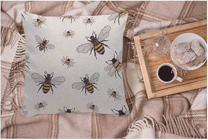 WONDERTIFY Throw Pillow Case Cover Insects Embroidery Big Honey Bee and Small Funny Bee - Soft Linen Pillow Case for Decorative Bedroom/Livingroom/Sofa/Farm House - Cushion Covers 18x18 Inch 45x45 cm