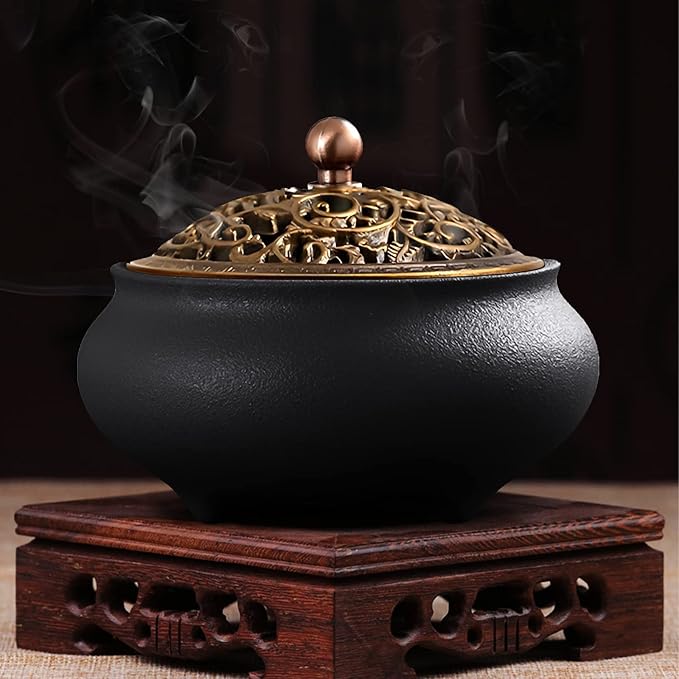 Coil Incense Burner， Ceramic Cone Incense Burner Holder Suitable for Incense/Cone/Coil/Stick, Sage, Mosquito Incense, and Charcoal. Incense Holder+Fireproof Cotton Inside.