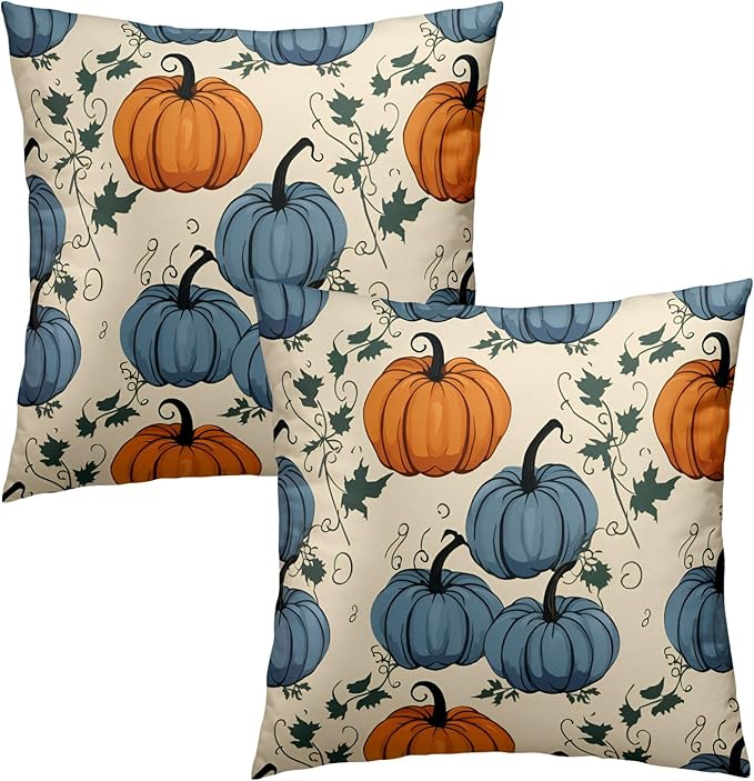 Fall Pumpkin Throw Pillow Covers - Orange Blue Pumpkins Pillow Covers 16x16 Set of 2 Autumn Harvest Pillowcase Thanksgiving Farmhouse Cushion Case for Sofa Couch Outdoor Porch