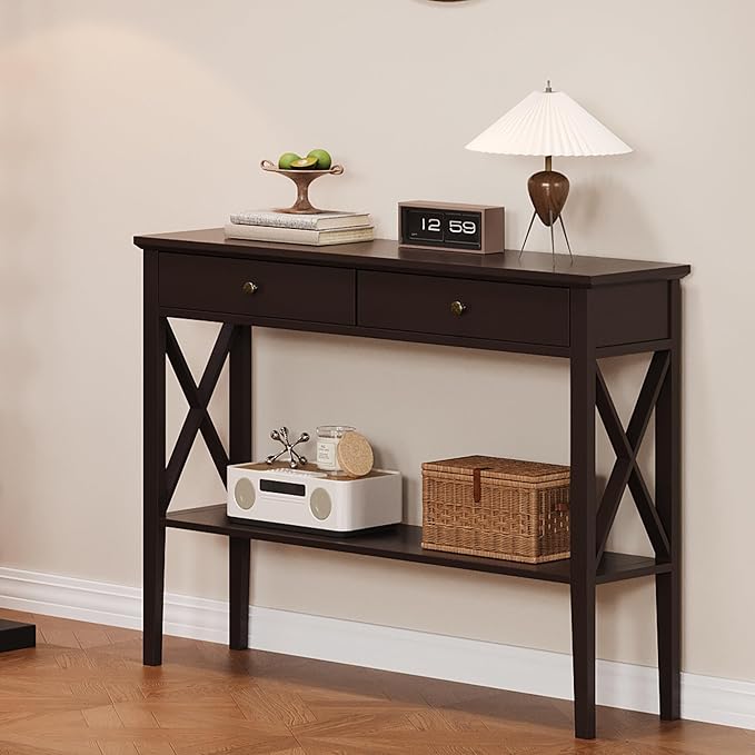 ChooChoo Console Table with Drawers, Narrow Wood Accent Sofa Table Entryway Table with Storage Shelf for Entryway, Front Hall, Hallway, Living Room, Espresso