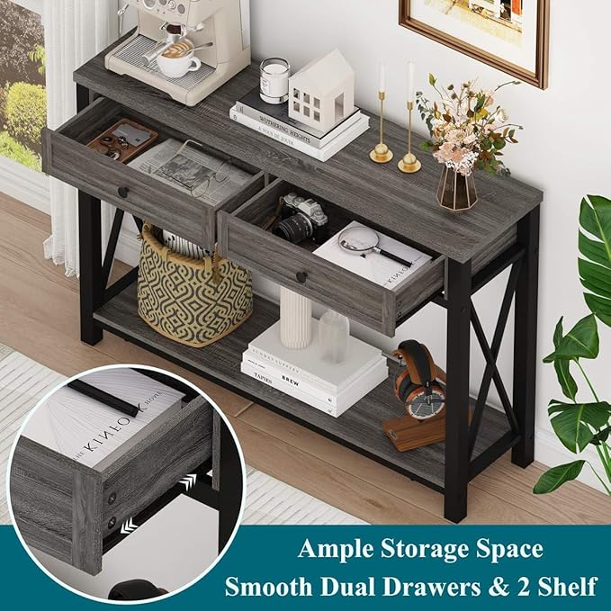 BON AUGURE Sofa Table with Drawers, Console Tables for Entryway, Sofa Table with Storage, Couch Tables for Living Room, Hallway, Foyer, Entry (Dark Grey Oak, 47 Inch)