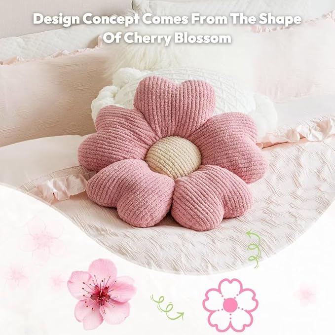 Sioloc Flower Shaped Throw Pillow, Fun Daisy Pillow, 15.7" Pink Flower Pillow Cute Decorative Seat Cushion Aesthetic Flower Plush Pillows for Bed Sofa Chair
