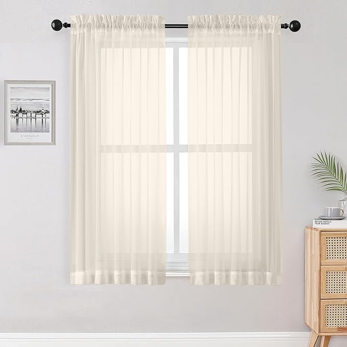 OWENIE Sheer Curtains 63 inch Length 2 Panels Set, Rod Pocket Voile Fimly Sheer Drapes for Living Room/Bedroom, 2pcs, Each 42" W x 63" L, Cream
