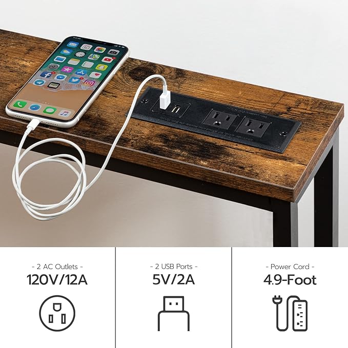 HOOBRO 39.4" Skinny Console Table with Power Outlet, 5.9" Behind Couch Table with Charging Station, Narrow Sofa Table, Long and Thin Table for Entryway, Living Room, Rustic Brown BF51UXG01