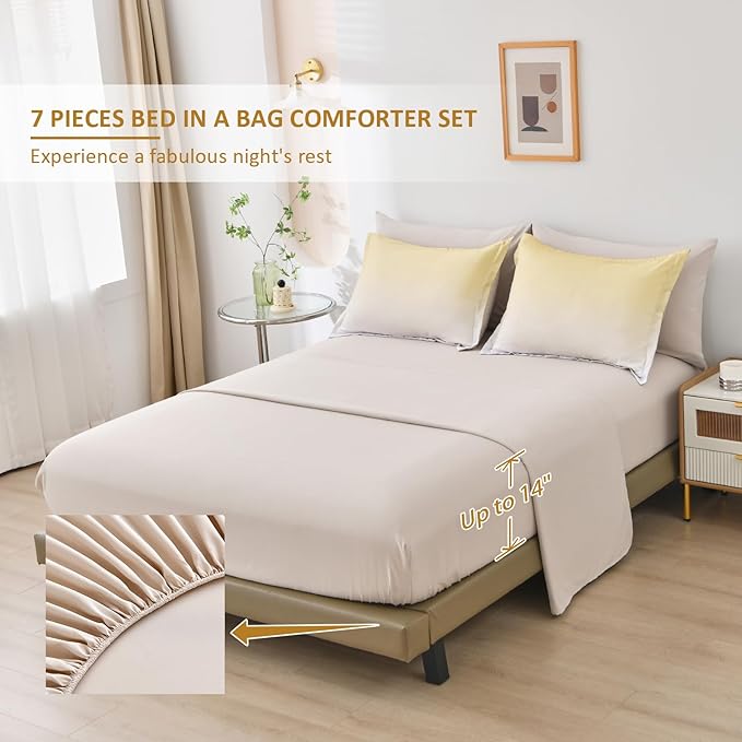 Anibedding 7 Pieces Gradient Yellow Comforter Set - Lightweight Grey and Yellow Ombre Bed in a Bag Set, All Season Down Alternative Light Grey Abstract Bedding Set for Teen Boys Girls Women (90" x90")