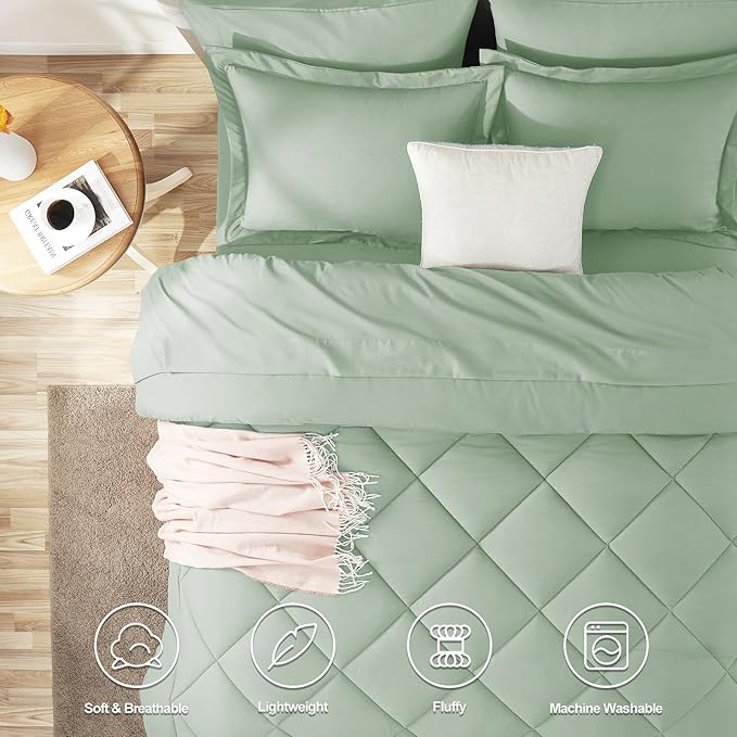 CozyLux King Size Comforter Set Sage Green - 7 Pieces Bed in a Bag King, Luxury Soft Bed Set for All Seasons, Bedding Set with Down Alternative Comforter, Sheets, Pillowcases & Shams