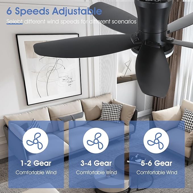 Flush Mount RGB Ceiling Fans with Lights-36 Low Profile Ceiling Fan with Light and Remote/APP Control,DC Reversible,LED Dimmable Blakc Ceiling Fans for Bedroom,Indoor/Outdoor Patio Use