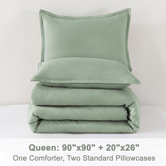 Litanika Queen Comforter Set Sage Green, 3 Pieces Lightweight Comforters Queen Size Solid Bedding Comforters Sets, Down Alternative Comforter Bed Set Quilt Blanket