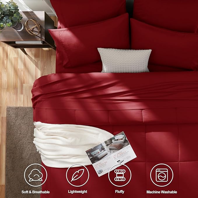 CozyLux Queen Comforter Set Dark Red, 7 Pieces Bed in a Bag, Red Comforter Queen Size, All Season Bedding Sets with Stitch Quilted Comforter, Flat Sheet, Fitted Sheet, Pillowcases