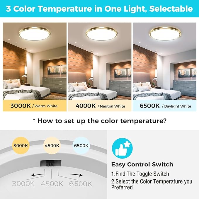 zemty 2Pack LED Ceiling Light Fixture, 6.5-Inch 12W 1200lm Small Flush Mount Light, Adjustable 3000K 4000K 6500K Color Temperatures, Round Flat Recessed Lamp for Kitchen Closet Hallway Laundry, Gold