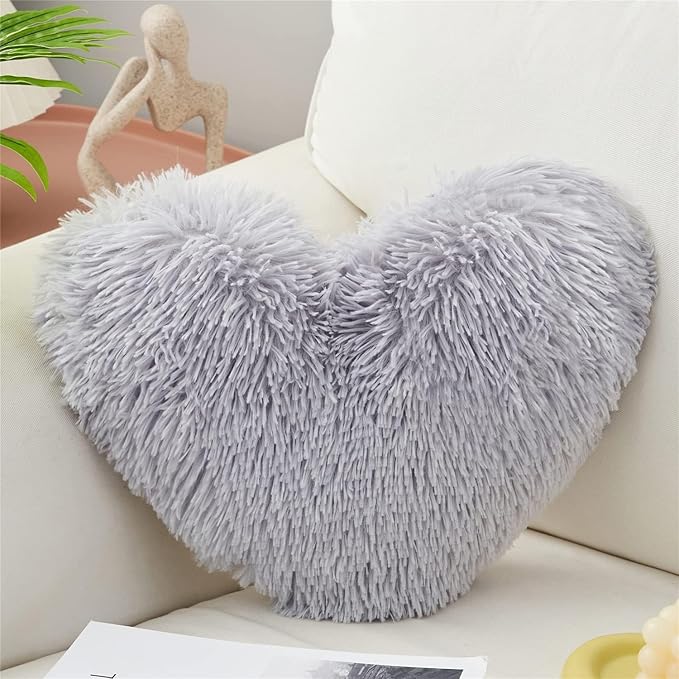 MOOWOO Fluffy Heart Pillow, Shaggy Plush Faux Fur and Sherpa, Cute Soft Throw Cushion Valentines Day Decor for Mothers Day, Christmas Decorations,Love Heart Shaped Throw Pillow