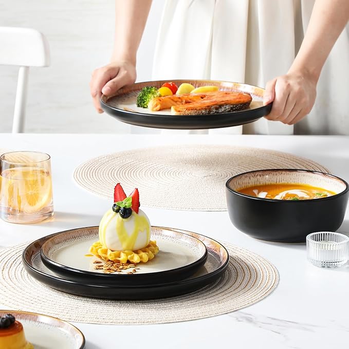 vancasso Plates and Bowls Sets, 24 Pieces Stoneware Dinnerware Sets for 8, Kitchen Dish Set Mircowave and Dishwasher Safe Dinner Set Ceramic Dishware, Light Cream, Series AMBER
