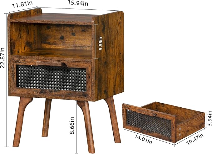 Lerliuo Rattan Nightstands Set of 2, Boho Side Table with Drawer Open Shelf, Cane Accent Bedside End Table with Solid Wood Legs for Bedroom, Dorm and Small Spaces (Brown)