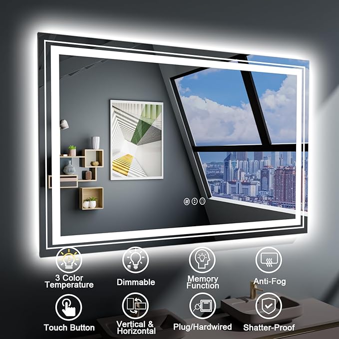 LED Bathroom Mirror, 48"X40" with Front and Backlit, Anti-Fog, Large Bathroom Vanity Mirror for Wall, Memory Function, Stepless Dimmable, Tempered Glass (Horizontal/Vertical)