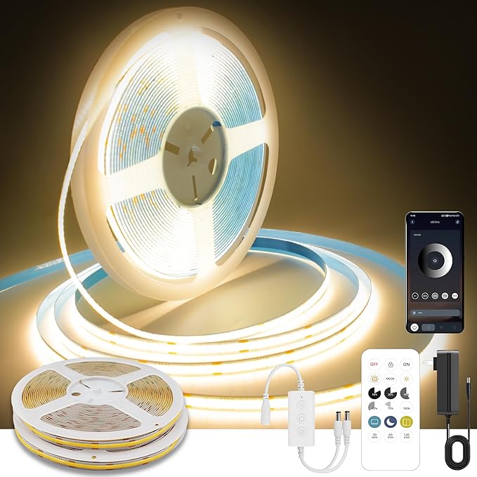 COB LED Strip Lights Warm White,24V Dimmable led Light Strip KIT with Remote and app Control,3000K 50FT/15m 8mm Wide Ra>90 Cuttable Flexible Strip Lights for Bedroom,Shelf,Cabinet