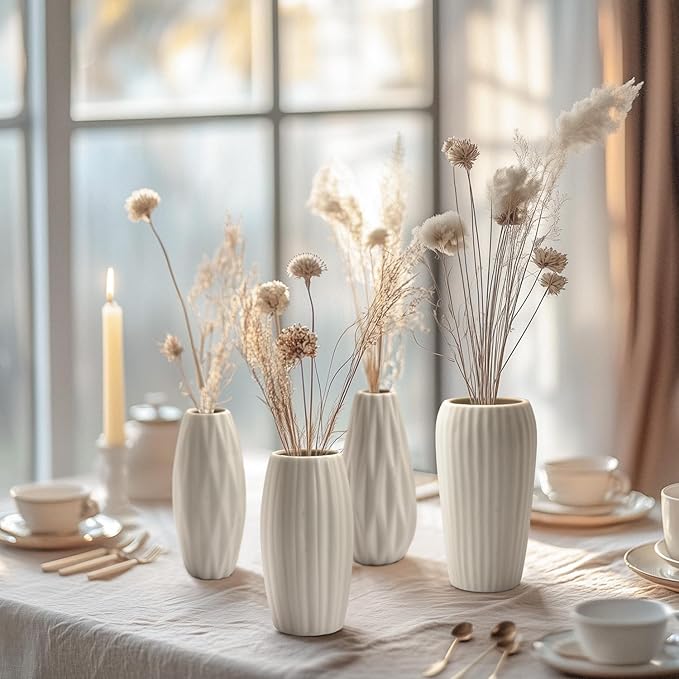BEAHOT Ceramic Bud Vases Set of 16 - Matte White Mini Ceramic Bud Vases Collection: Non-Repeating Modern Boho Centerpiece - Small Unglazed Jars for for Weddings, Home, Shelf Decor