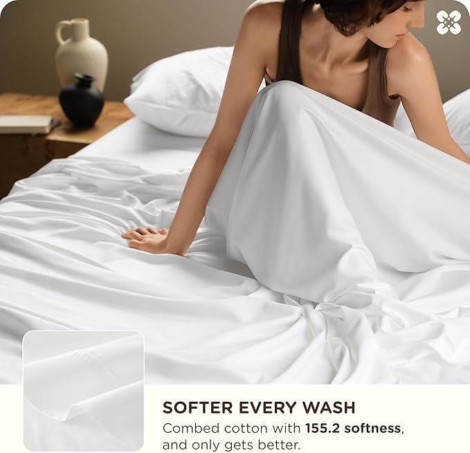 Bedsure Cooling Sheets, Rayon Derived from Bamboo & Cotton Blend, GentleSoft, Breathable, Queen Sheet Set, Deep Pocket Up to 18 Inches, Hotel Luxury Bedding for Hot Sleepers, White