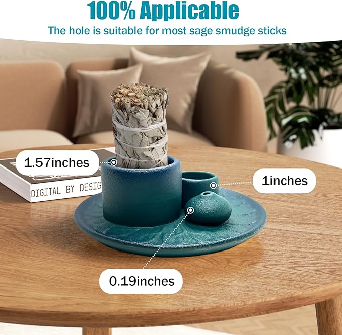 Palo Santo Holder - 4 in 1 Incense & Candle Holder - Ceramic Incense Holder Ash Catcher Tray for Meditation Room - Easy to Clean (Blue)