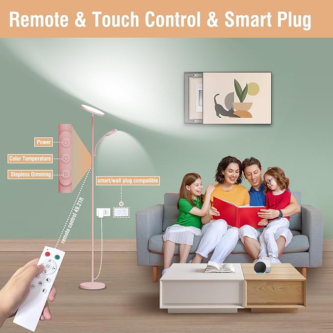 Pink Floor Lamp, 42W 4000LM Super Bright LED Room Lamp with Adjustable Reading Light,Dimmable Modern Standing Lamp with Remote & Touch Control for Room Bedroom Office Floor Light