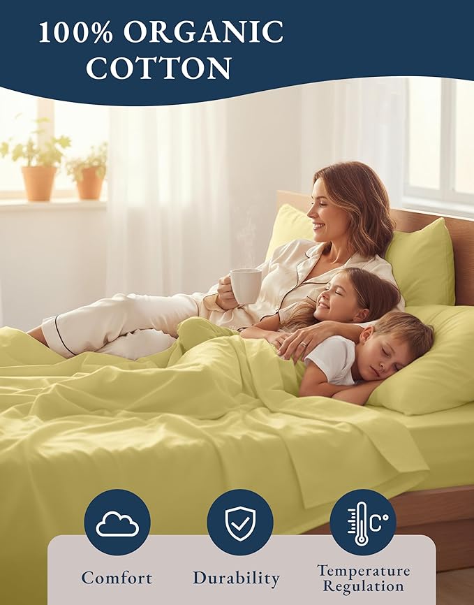 LANE LINEN Eco Friendly 100% Organic Cotton Bed Sheets Queen Size, Soft & Comfy Naturally Cooling Percale Weave, Low Pill Fade Resistanct Breathable 15" Deep Pocket Bedding- Cocoon
