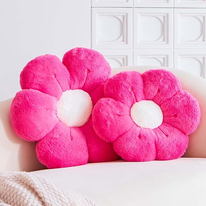 Flower Pillow, Cute Flower Shaped Decorative Pillow, Soft Rabbit Fur Daisy Pillow Home Decor Floor Seating Cushion for Bedroom Living Room (Hot Pink 14.9 Inch)