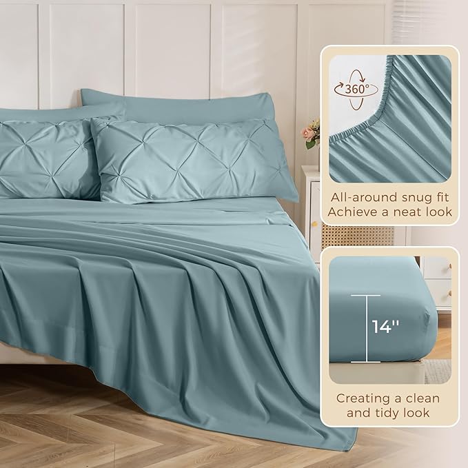Sasttie Full Size Comforter Set, 7-Piece Bed in a Bag, Pintuck Bedding Sets for All Season, Includes Comforter, Flat Sheet, Fitted Sheet, Pillowcases and Pillowshams, Greylish Blue