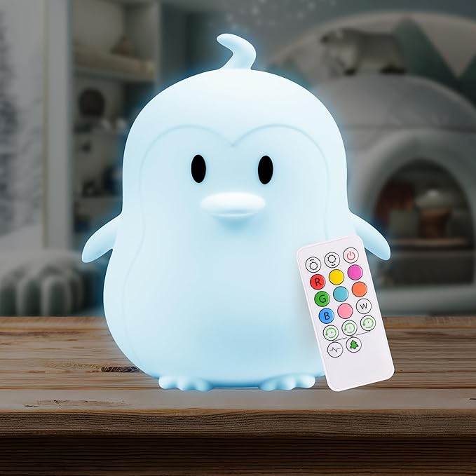Lumipets Remote Control Silicone Night Light for Kids - Penguin Design with 9 Soft Colors & Sleep Timer - Rechargeable, Battery-Operated Lamp for Bedroom | Baby Nursery, Toddler, Girls, Boys