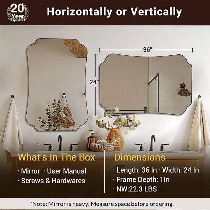 ANDY STAR 24"x36" Brushed Nickel Mirror, Scalloped Bathroom Wall Mirror with Metal Frame for Vanity, Vintage Design Ideal for Entryway, Living Room & Bedroom Decor